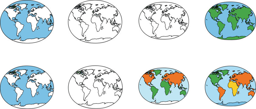 World Map Globe Vector Set Featuring Oval Earth Planet Projections with Line Art Colorful Continents and Global Geography Diagrams for Educational Media Designs