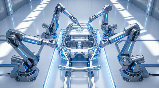 Automated robotic arms welding car chassis on assembly line in modern high tech car factory production facility industrial manufacturing automation futuristic technology