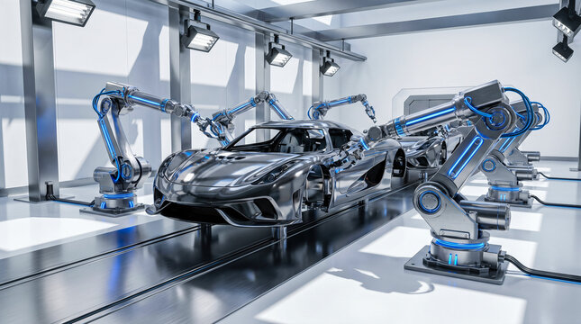 futuristic automotive manufacturing advanced robotic arms assembling luxury sports car inside modern industrial factory automation technology precision engineering machinery design