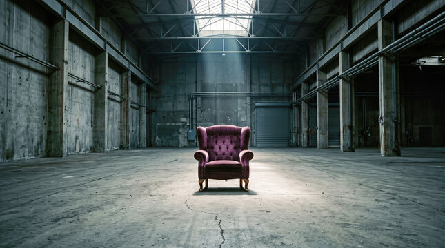 lonely elegant purple velvet armchair placed alone inside huge empty industrial concrete warehouse illuminated by dramatic sunlight shining through high ceiling window architecture