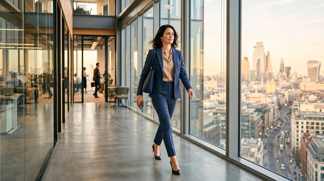 Confident professional business woman in blue suit walking through modern office hallway window panoramic view sunset city skyline London corporate career success