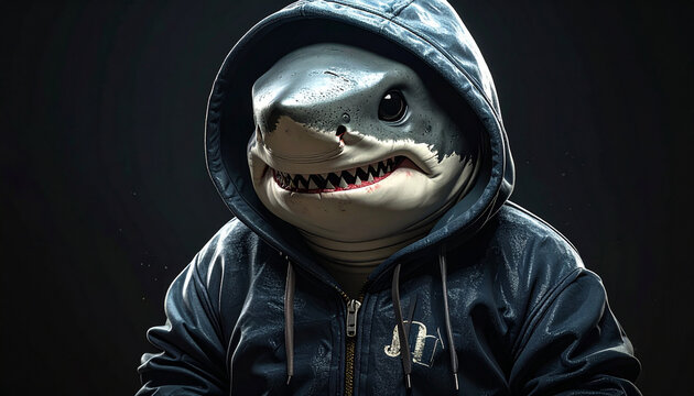 Shark in hoodie jacket smiling creepy isolated