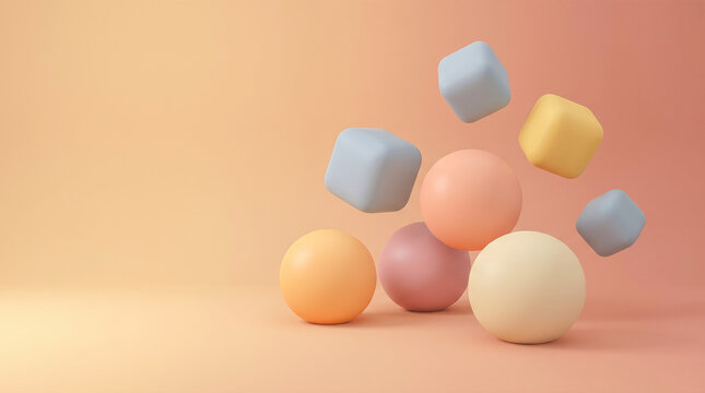 dynamic abstract geometric objects levitating colorful pastel blue cubes yellow peach spheres floating gracefully above warm soft background creative modern minimalist art