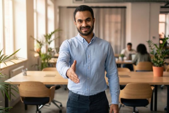 Smiling man extending hand for a welcome or greeting in corporate environment