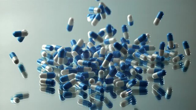 Blue white capsules piling and bouncing on reflective table, Filmed on a high-speed camera at 1000 fps.