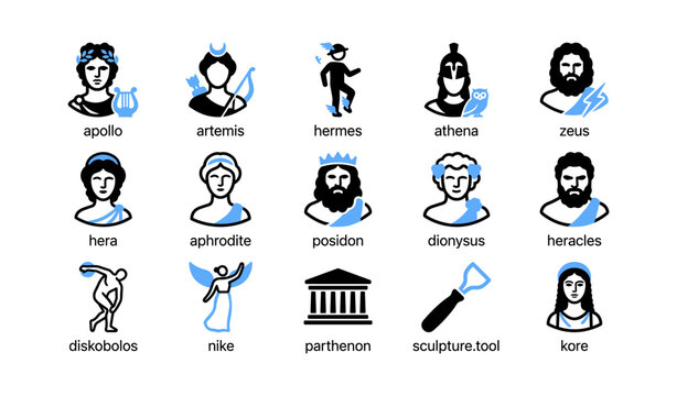 Greek deity and myth icons arranged in grid on white background