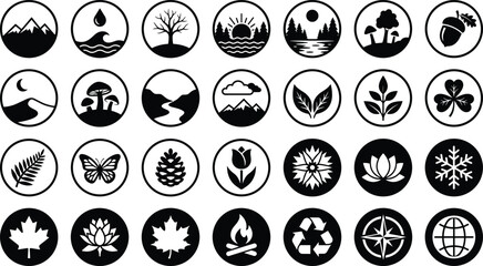 Nature Wilderness and Ecology Silhouette Icon Set Featuring Mountains River Leaves Butterfly Recycle Bonfire Globe and Circular Badge Vector Illustrations © MdShahazahan