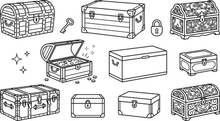 Pirate treasure chest vintage wooden trunk and ornate jewelry box linear outline vector icon set with gold coins © vector design 