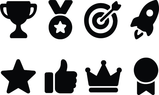 Set of victory and success icons with trophy star target crown and rocket Vector
