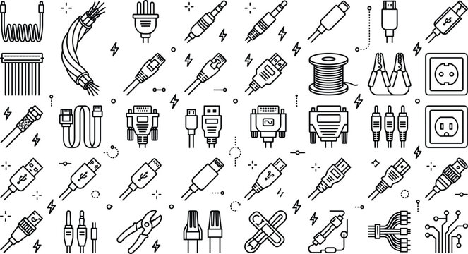Electrical cables network wires and electronic connector outline icon set featuring plug socket usb hdmi hardware components linear