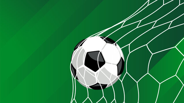 Soccer ball hitting the goal net on abstract green background sports vector illustration