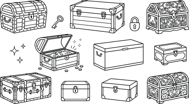 Pirate treasure chest vintage wooden trunk and ornate jewelry box linear outline vector icon set with gold coins