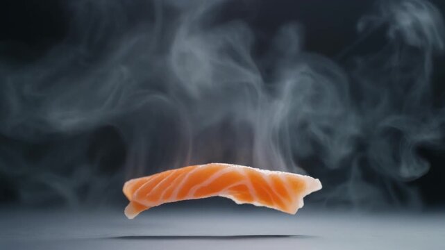 A single piece of raw salmon slice levitating with smoke swirling around it on a dark background