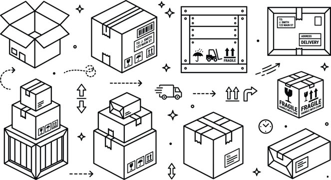 Logistics delivery cardboard box and wooden crate line vector icon set with fragile shipping package and warehouse storage elements
