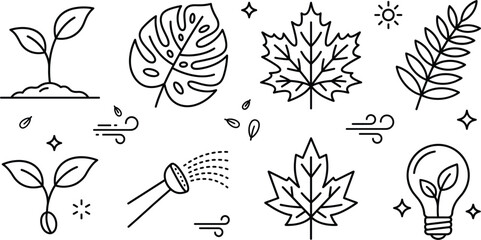 Environmental sustainability and green ecology line icon set featuring sprout maple leaf monstera watering can and eco lightbulb © vector design 