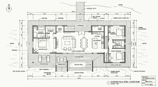 Architectural floor plan drawing of a modern residential house