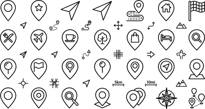 Map location pin and navigation line vector icon set with travel destination route compass arrow and hospitality elements
