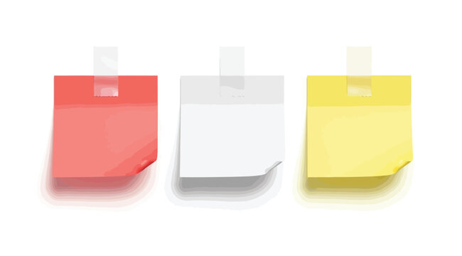 Set of three colorful sticky notes with tape, red, white and yellow paper sheets for reminders, blank square memo pads