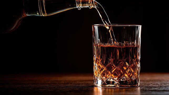 Amber liquid pours from a bottle into a crystal glass on a wooden surface