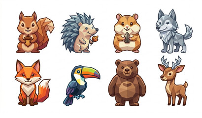 Obraz premium Stylized forest wildlife mascot animals set squirrel fox wolf bear deer toucan hamster hedgehog vector design