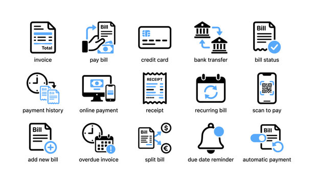 Payment and billing icons showing bill actions on white background