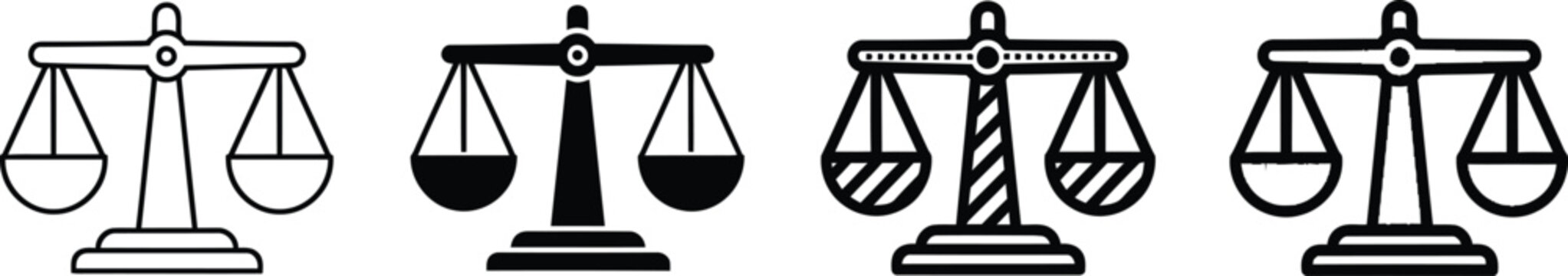 Four balance scales showing different weights and imbalance in simple black and white icons Vector