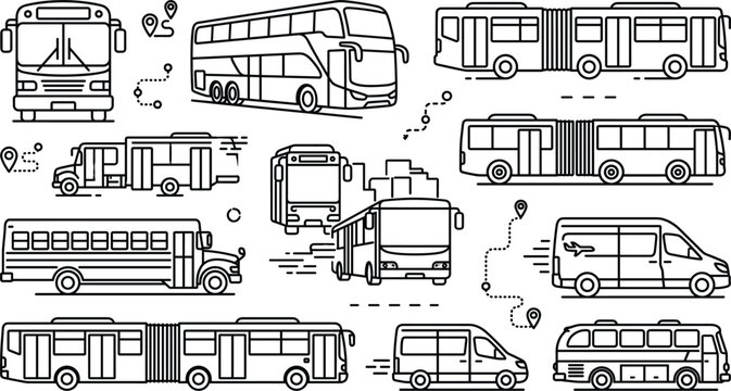 Public transit and city bus line vector icon set with double decker school bus passenger van and route map elements