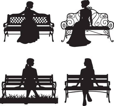 Couple sitting on a bench in different romantic poses vector Vector