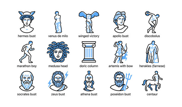 Classical sculpture icons depicting greek and roman statues on white