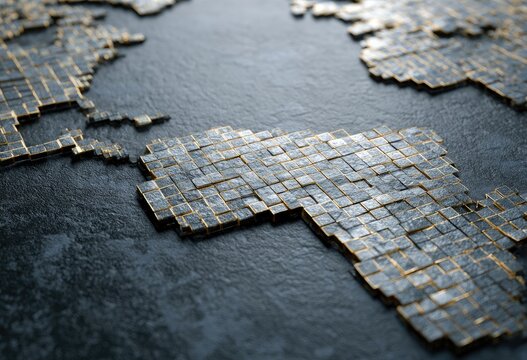 A textured, metallic, pixelated world map overlay on a dark, rocky surface
