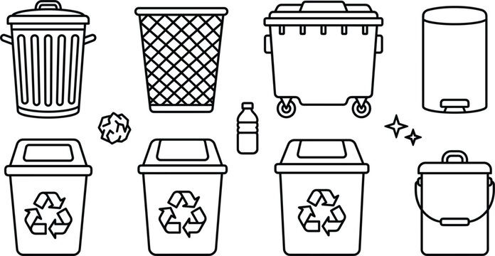 Recycling bin trash can and waste disposal line icon set featuring dumpster mesh basket sorting container garbage paper