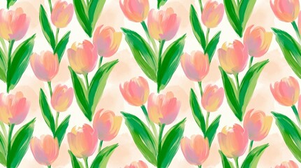 Obraz premium Vibrant pink and yellow tulips with green leaves on soft peach background 4k