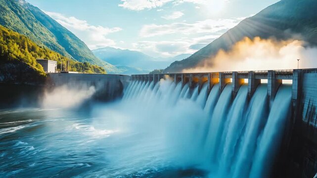 Water cascades down from a large dam surrounded by mountains and trees under bright sunlight