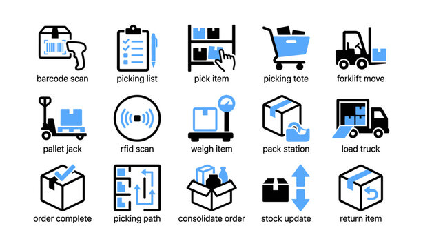 Warehouse logistics icons illustrating picking packing and shipping