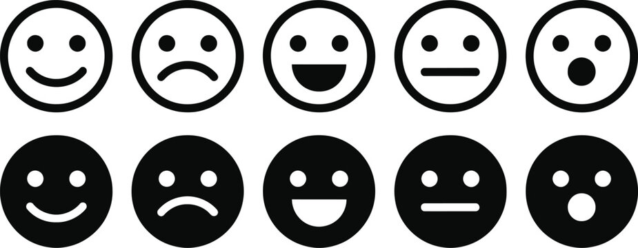 Set of ten simple smiley face emoticons showing different emotions and expressions Vector