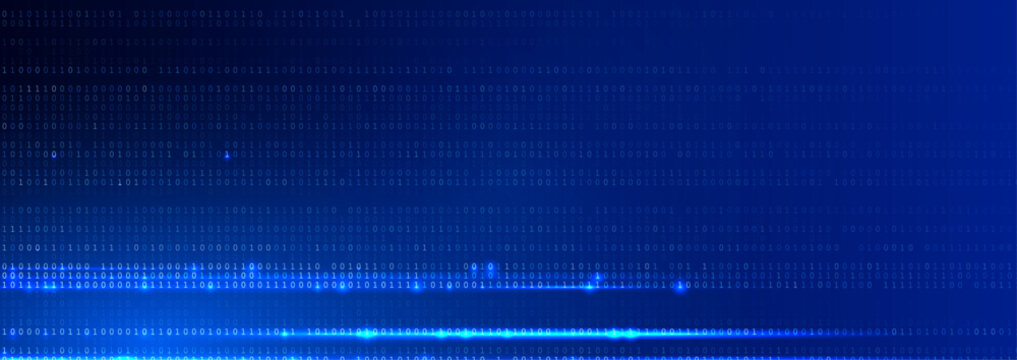 Blue Binary Data Software Programming Code Background. Random Parts of Program Code. Digital Data Technology Concept. 1 0 Machine Code. Random Binary Data Matrix Wide Vector Illustration