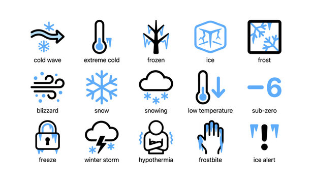 Assorted cold weather and frost icons displayed on white grid