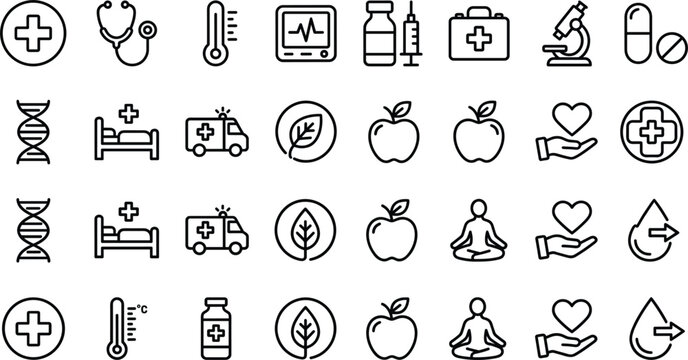 Medical healthcare and wellness linear outline icon set featuring stethoscope hospital bed ambulance medicine pill apple dna helix