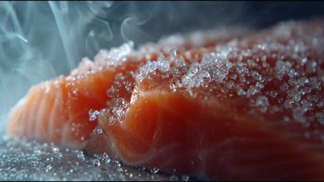 Close-up view of frozen salmon fillet with ice crystals, showcasing its texture and freshness, perfect for culinary and health-related content