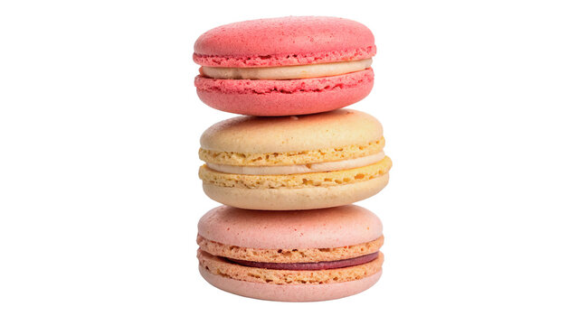 Stack pile of colorful traditional sweet French macaron biscuits isolated on transparent background