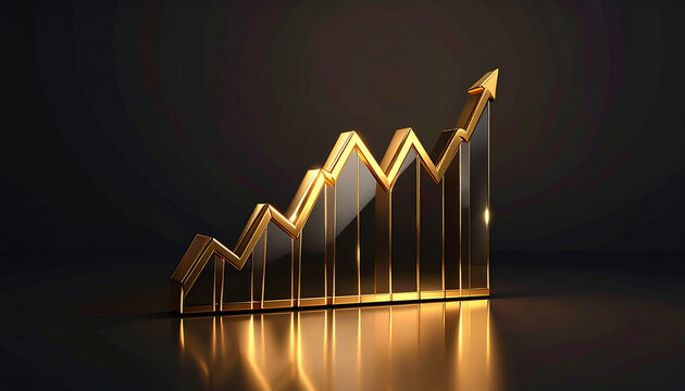 Golden upward trend graph with rising arrow