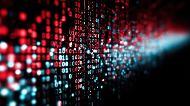 Digital binary code data stream with glowing red and cyan lights on black background focus.