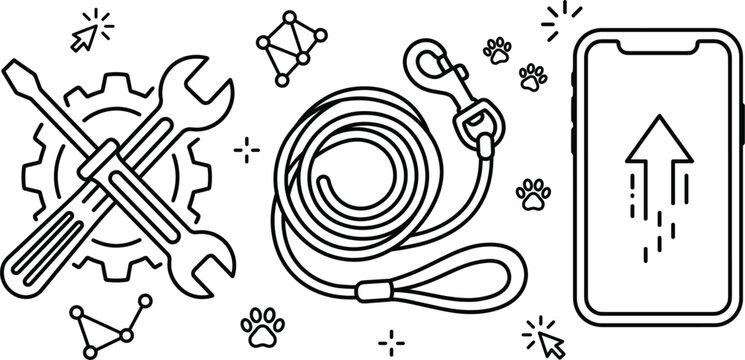 Pet service application development line icon vector illustration with dog leash tools smartphone screen app setting concept