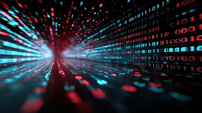 Digital tunnel of binary code flowing through cyberspace futuristic technology abstract background.