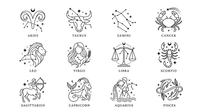 Collection of Zodiac Symbols and Constellations for Astrology and Celestial Navigation