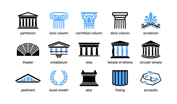Classical architecture icons showing columns and temple elements