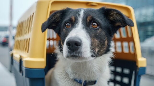 Border Collie dog looking out from a yellow pet carrier cage outdoors. Anxious mixed breed dog in transport crate at airport or street, pet travel and relocation concept.