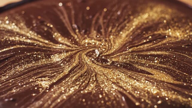 Chocolate swirls with gold glitter create a luxurious and decadent pattern on a dark surface.