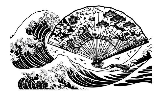 Monochrome graphic art of an oriental folding fan, detailed with trees and flowers, intertwined with powerful, cresting ocean waves, symbolizing cultural beauty and natural force