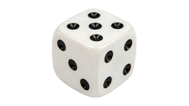 Classic square white plastic gaming dice cube with black dots isolated on transparent background
